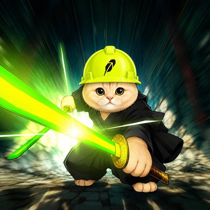 RobinhoodCat in ninja gear with glowing green blades